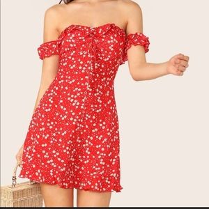 Off Shoulder Ruffle Trim Drawstring Floral Dress